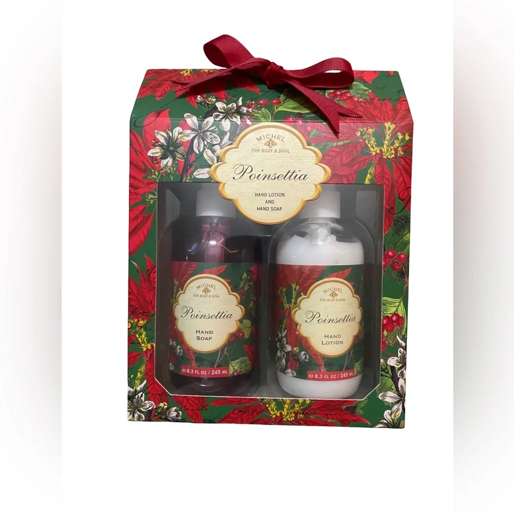 NEW 2 PC MICHEL FOR BODY & SOUL POINSETTIA HAND LOTION & HAND SOAP SET 8.3 OZ EA